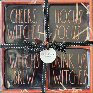 Rae Dunn 4 Black Halloween Coasters-Cheers-Hocus Pocus-Witch’s Brew-Drink Up NEW